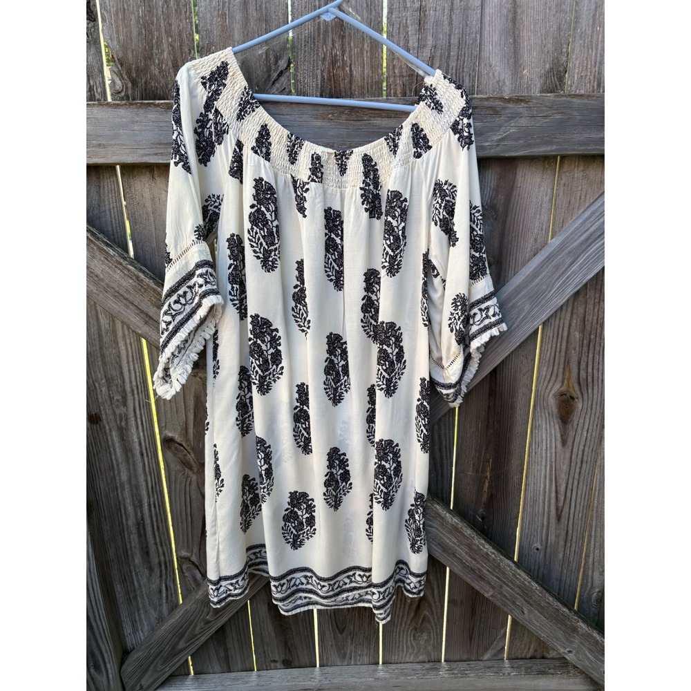 Kori America Plus Boho Off Shoulder Floral Tunic Dress Cream Black 1XL PS7053
